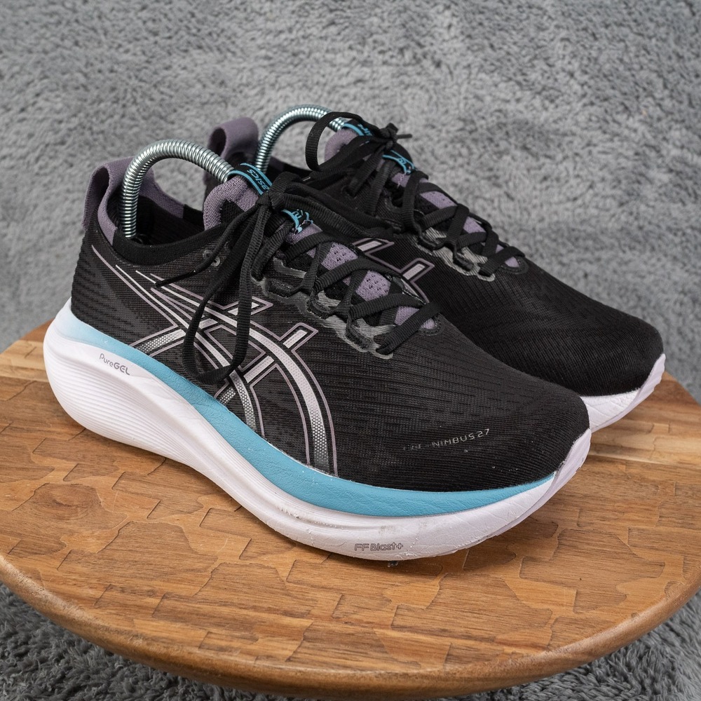 ASICS Gel-Nimbus 27 Black Blue Running Shoes Womens 8.5 Wide